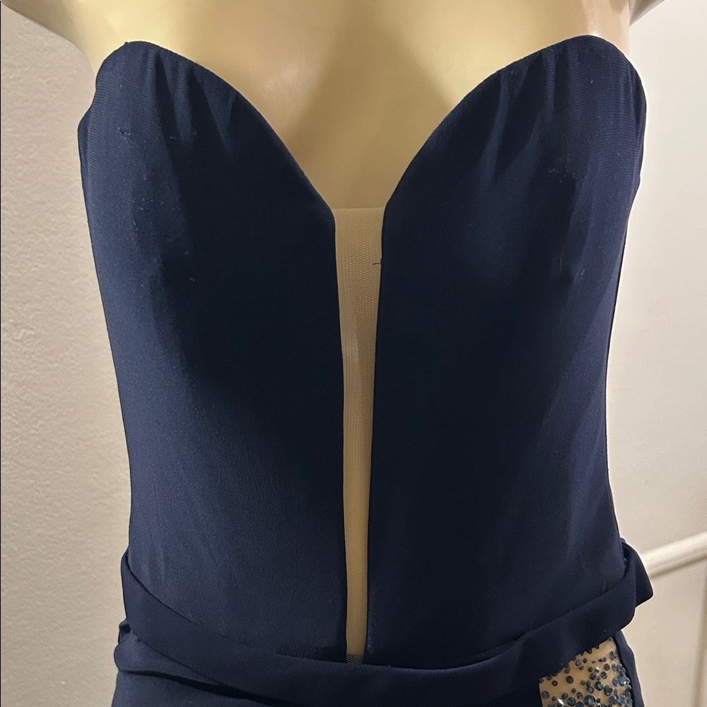 La Femme Black Strapless Gown with Gold Accents